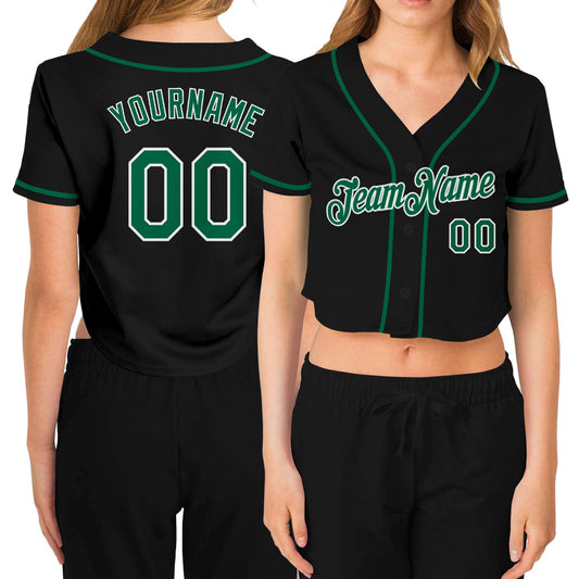 Custom Women's Black Kelly Green-White V-Neck Cropped Baseball Jersey - Sky-Custom