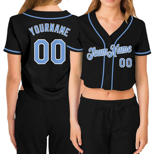 Custom Women's Black Light Blue-White V-Neck Cropped Baseball Jersey - Sky-Custom