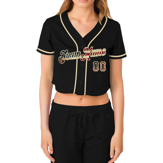Custom Women's Black Vintage USA Flag-Cream V-Neck Cropped Baseball Jersey - Sky-Custom