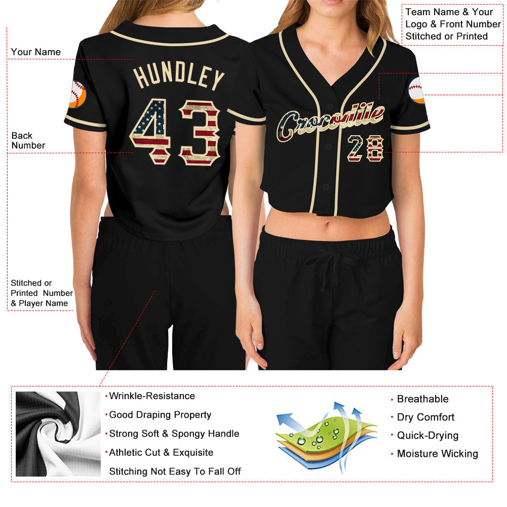 Custom Women's Black Vintage USA Flag-Cream V-Neck Cropped Baseball Jersey - Sky-Custom