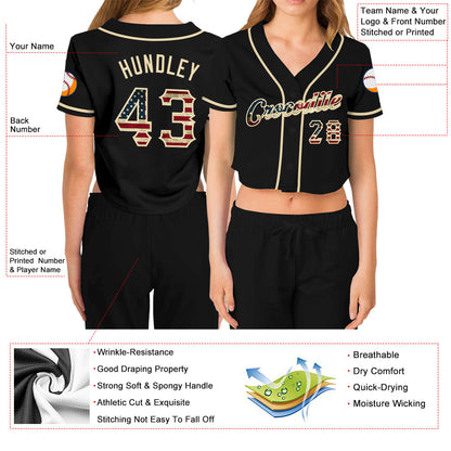 Custom Women's Black Vintage USA Flag-Cream V-Neck Cropped Baseball Jersey - Sky-Custom