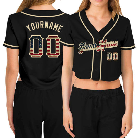 Custom Women's Black Vintage USA Flag-Cream V-Neck Cropped Baseball Jersey - Sky-Custom