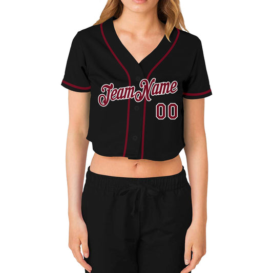 Custom Women's Black Crimson-White V-Neck Cropped Baseball Jersey - Sky-Custom