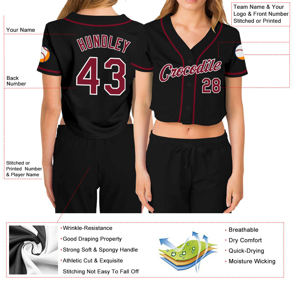 Custom Women's Black Crimson-White V-Neck Cropped Baseball Jersey - Sky-Custom