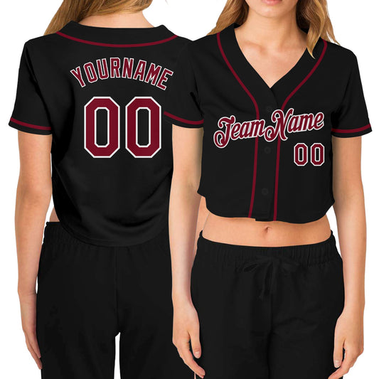 Custom Women's Black Crimson-White V-Neck Cropped Baseball Jersey - Sky-Custom