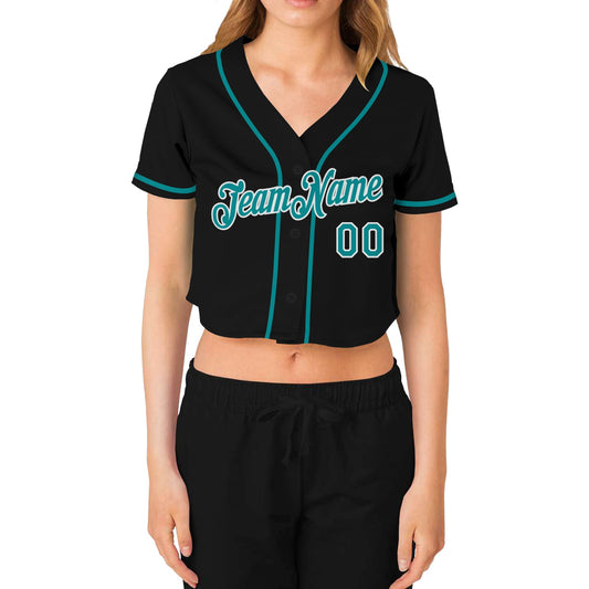 Custom Women's Black Aqua-White V-Neck Cropped Baseball Jersey - Sky-Custom