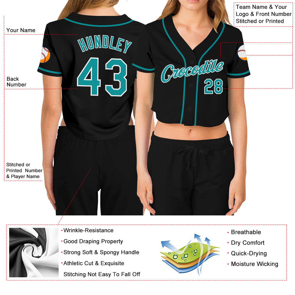 Custom Women's Black Aqua-White V-Neck Cropped Baseball Jersey - Sky-Custom
