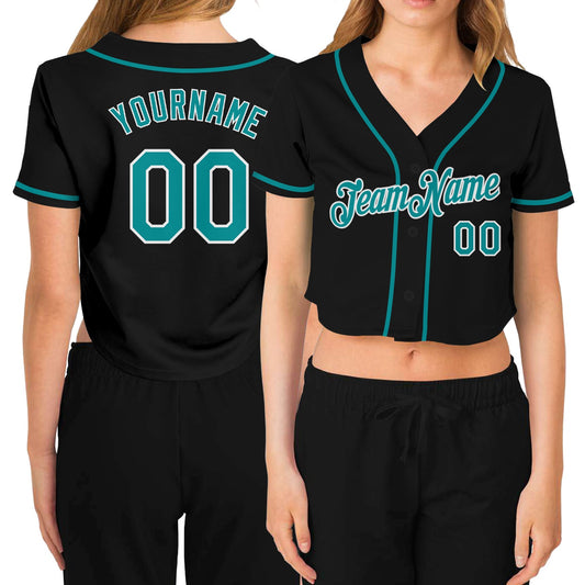 Custom Women's Black Aqua-White V-Neck Cropped Baseball Jersey - Sky-Custom