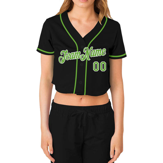 Custom Women's Black Neon Green-White V-Neck Cropped Baseball Jersey - Sky-Custom
