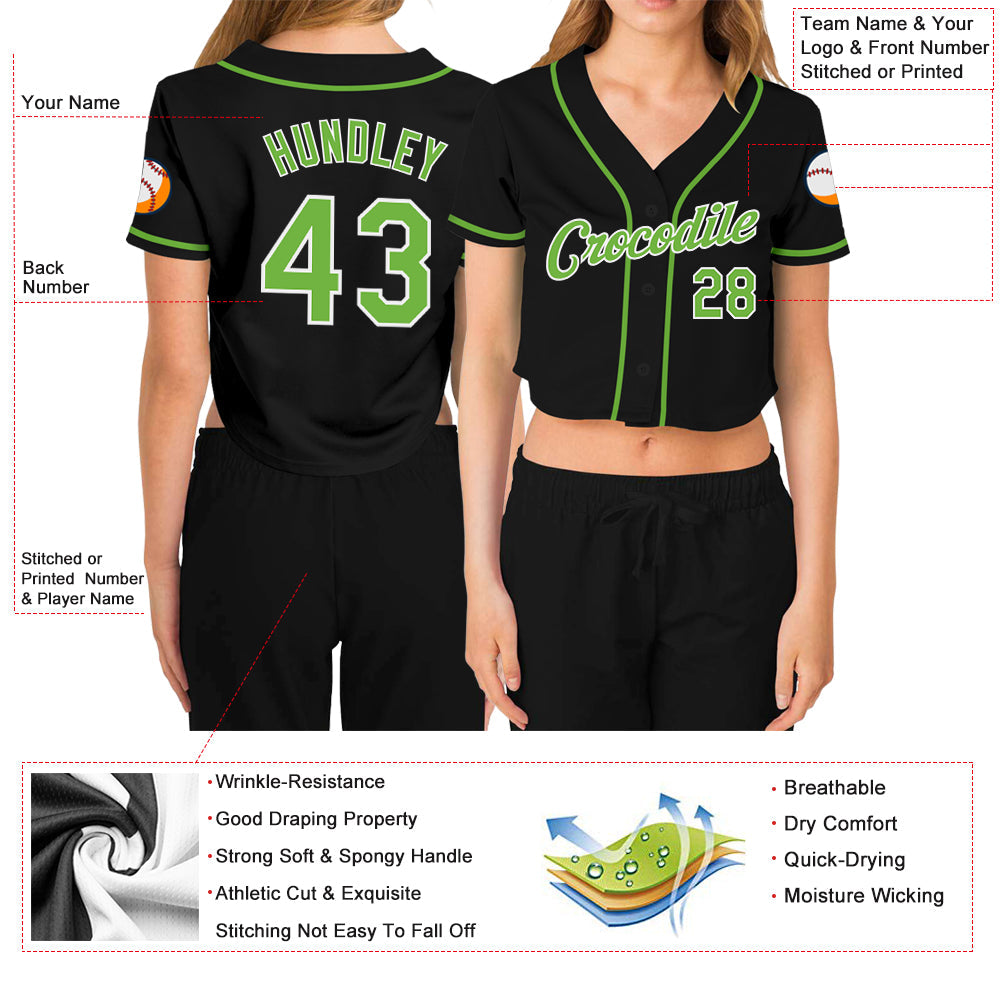 Custom Women's Black Neon Green-White V-Neck Cropped Baseball Jersey - Sky-Custom