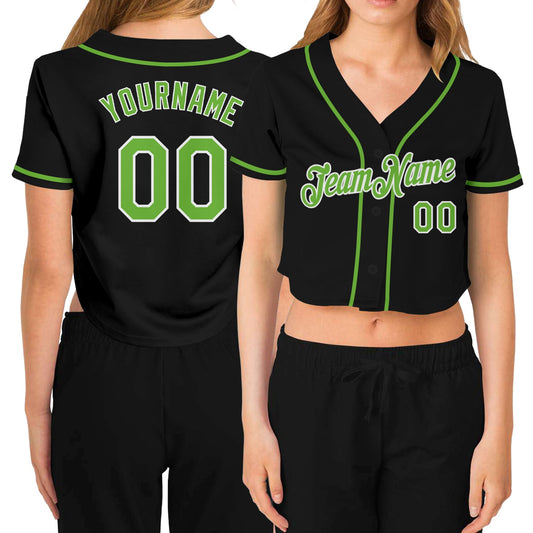 Custom Women's Black Neon Green-White V-Neck Cropped Baseball Jersey - Sky-Custom
