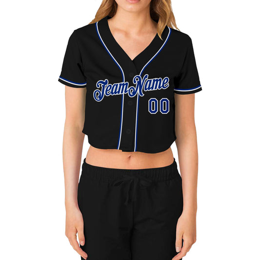 Custom Women's Black Royal-White V-Neck Cropped Baseball Jersey - Sky-Custom