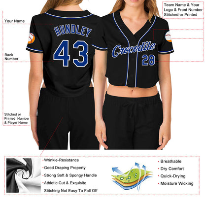Custom Women's Black Royal-White V-Neck Cropped Baseball Jersey - Sky-Custom