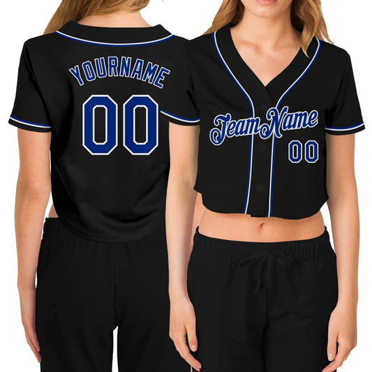 Custom Women's Black Royal-White V-Neck Cropped Baseball Jersey - Sky-Custom