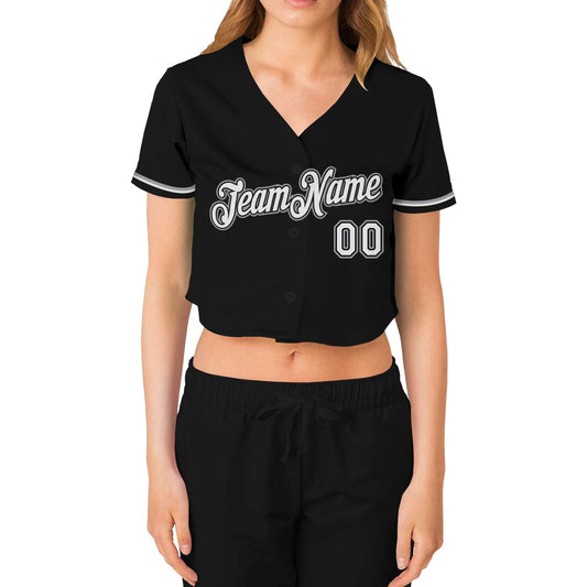 Custom Women's Black White-Gray V-Neck Cropped Baseball Jersey - Sky-Custom