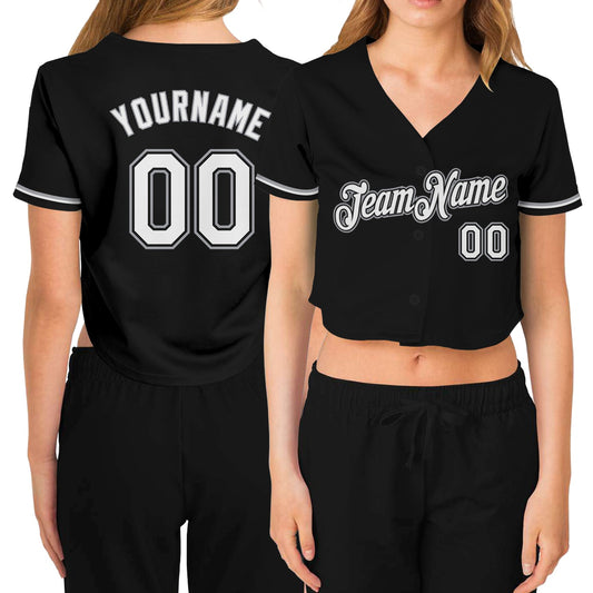 Custom Women's Black White-Gray V-Neck Cropped Baseball Jersey - Sky-Custom