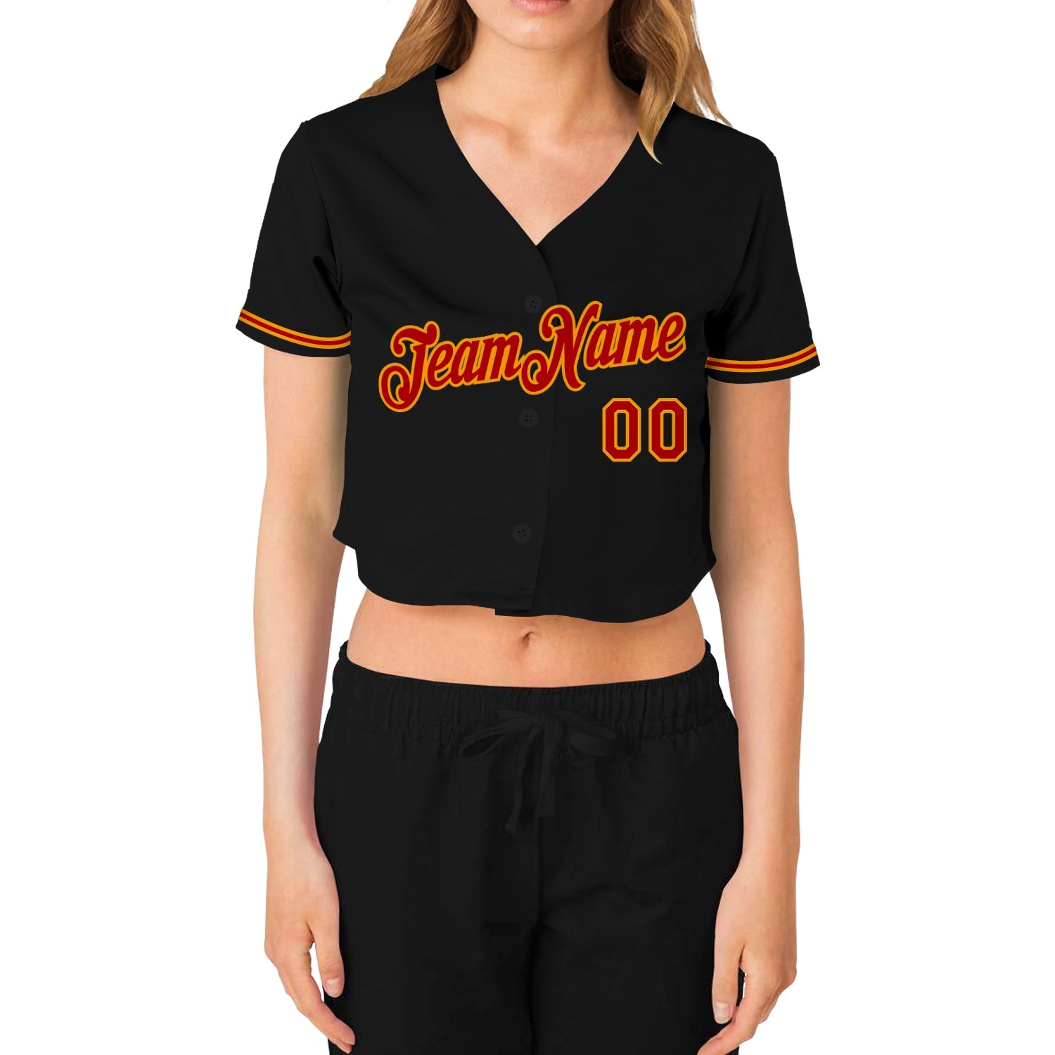 Custom Women's Black Red-Gold V-Neck Cropped Baseball Jersey - Sky-Custom