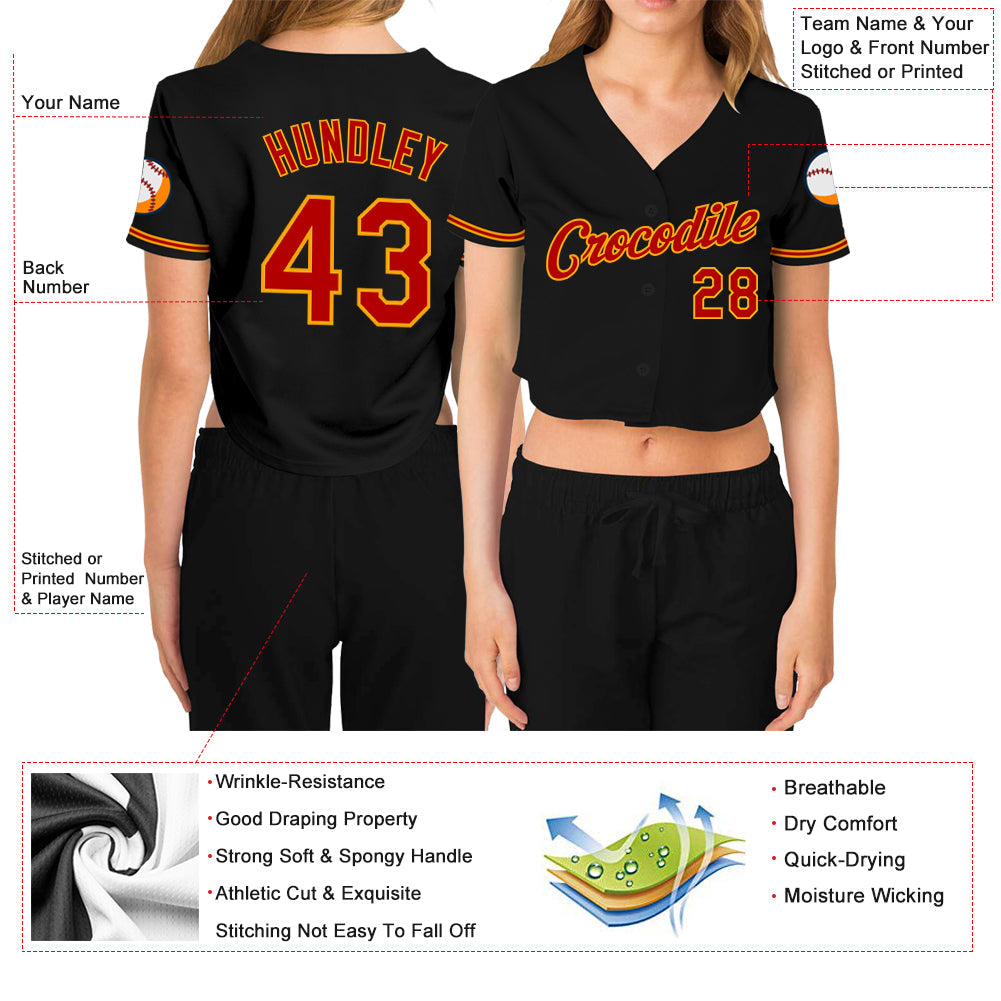 Custom Women's Black Red-Gold V-Neck Cropped Baseball Jersey - Sky-Custom