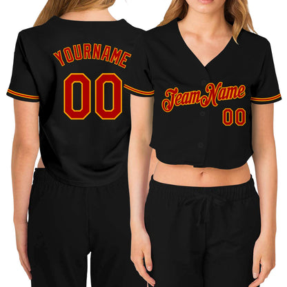 Custom Women's Black Red-Gold V-Neck Cropped Baseball Jersey - Sky-Custom