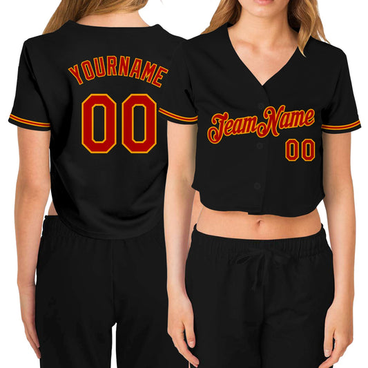 Custom Women's Black Red-Gold V-Neck Cropped Baseball Jersey - Sky-Custom