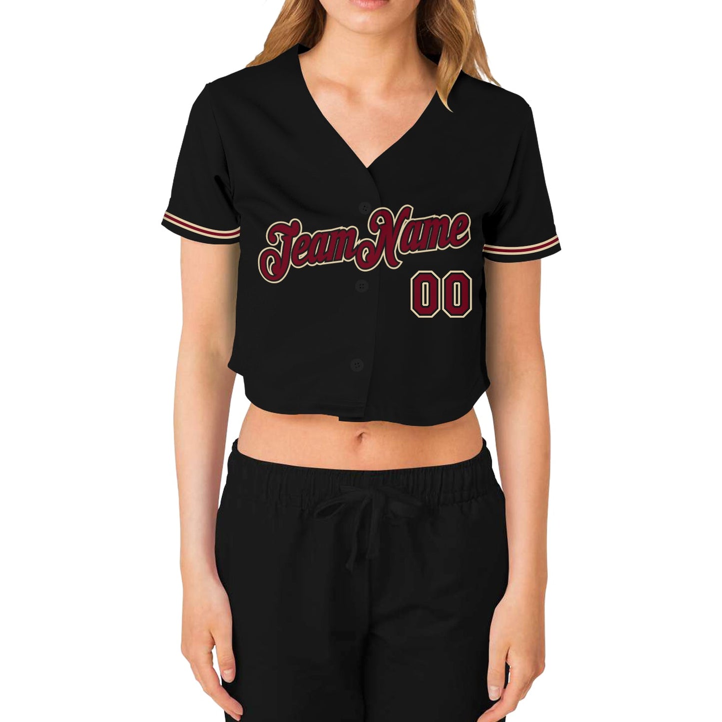 Custom Women's Black Crimson-City Cream V-Neck Cropped Baseball Jersey - Sky-Custom