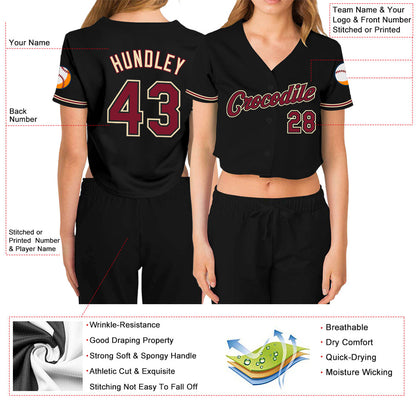 Custom Women's Black Crimson-City Cream V-Neck Cropped Baseball Jersey - Sky-Custom