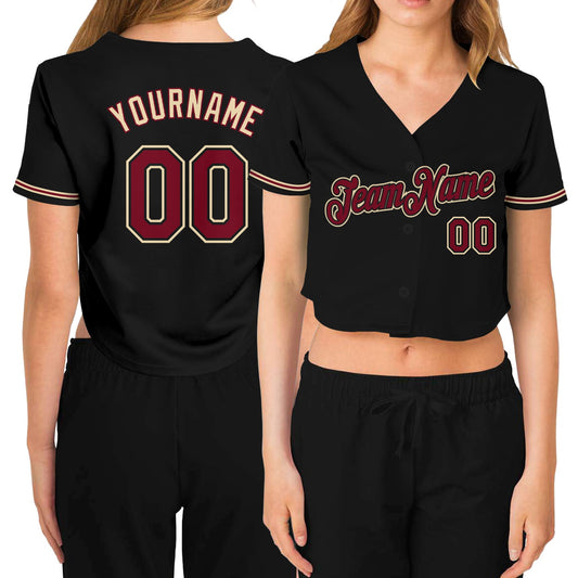 Custom Women's Black Crimson-City Cream V-Neck Cropped Baseball Jersey - Sky-Custom