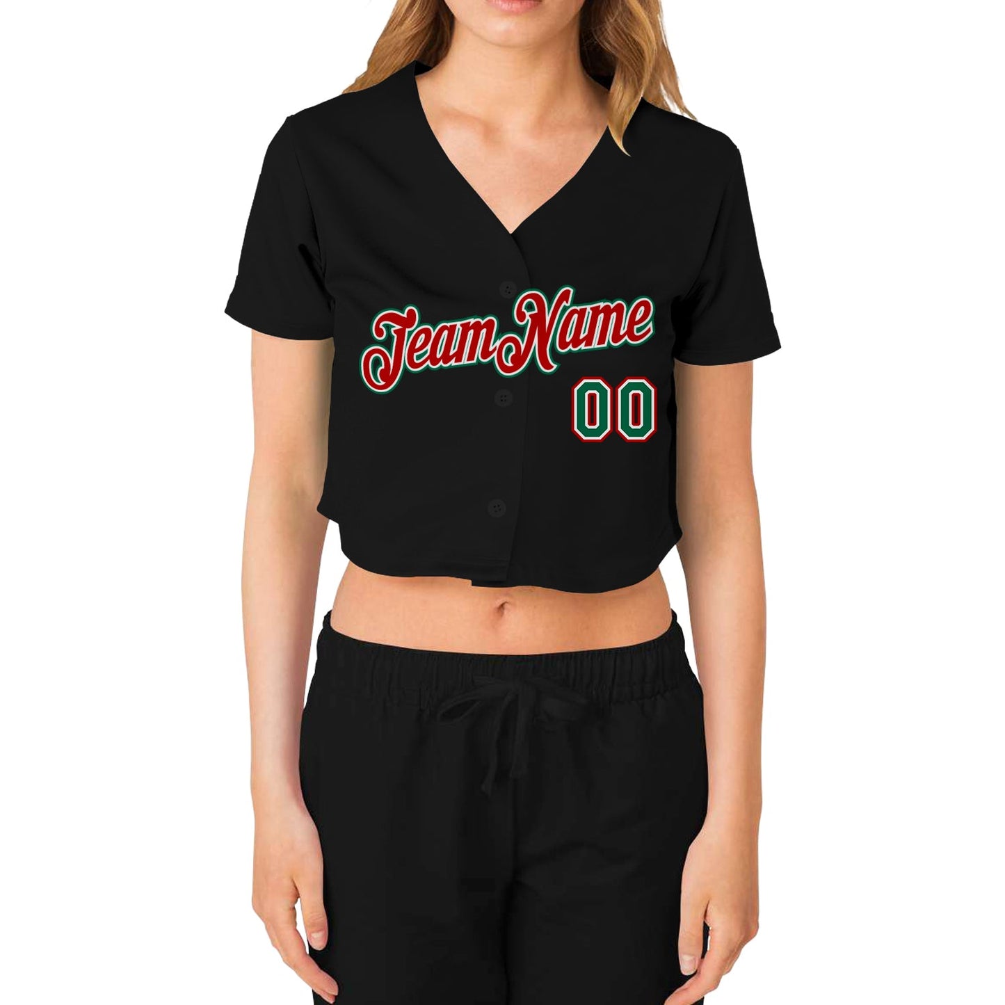 Custom Women's Black Kelly Green Red-White V-Neck Cropped Baseball Jersey - Sky-Custom