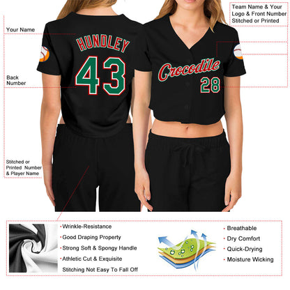 Custom Women's Black Kelly Green Red-White V-Neck Cropped Baseball Jersey - Sky-Custom