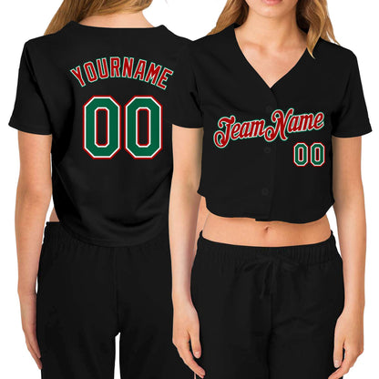 Custom Women's Black Kelly Green Red-White V-Neck Cropped Baseball Jersey - Sky-Custom