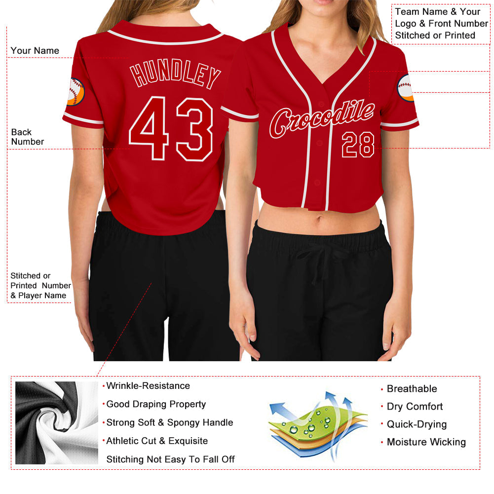 Custom Women's Red Red-White V-Neck Cropped Baseball Jersey - Sky-Custom