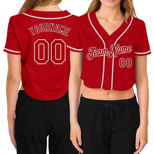 Custom Women's Red Red-White V-Neck Cropped Baseball Jersey - Sky-Custom