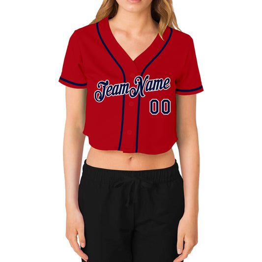Custom Women's Red Navy-White V-Neck Cropped Baseball Jersey - Sky-Custom