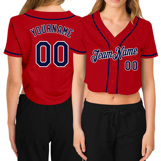 Custom Women's Red Navy-White V-Neck Cropped Baseball Jersey - Sky-Custom
