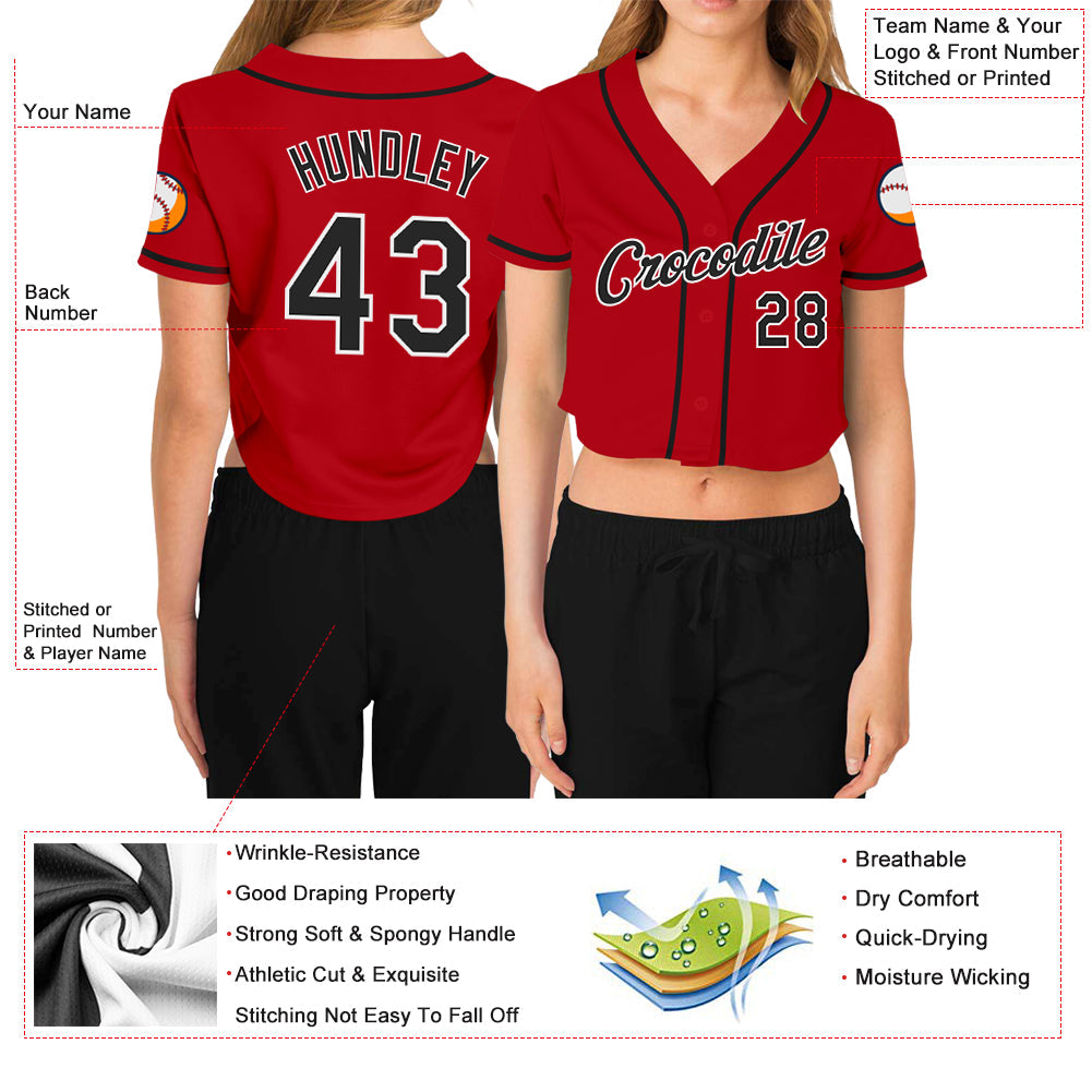 Custom Women's Red Black-White V-Neck Cropped Baseball Jersey - Sky-Custom