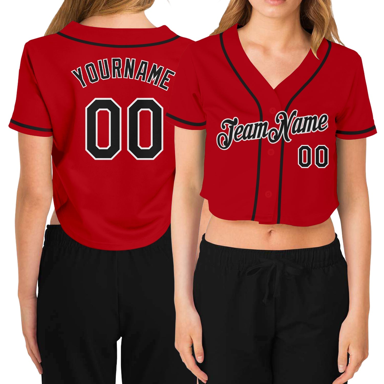 Custom Women's Red Black-White V-Neck Cropped Baseball Jersey - Sky-Custom