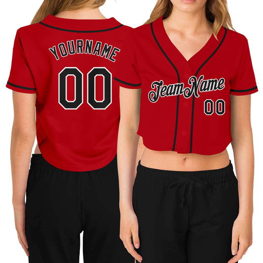Custom Women's Red Black-White V-Neck Cropped Baseball Jersey - Sky-Custom