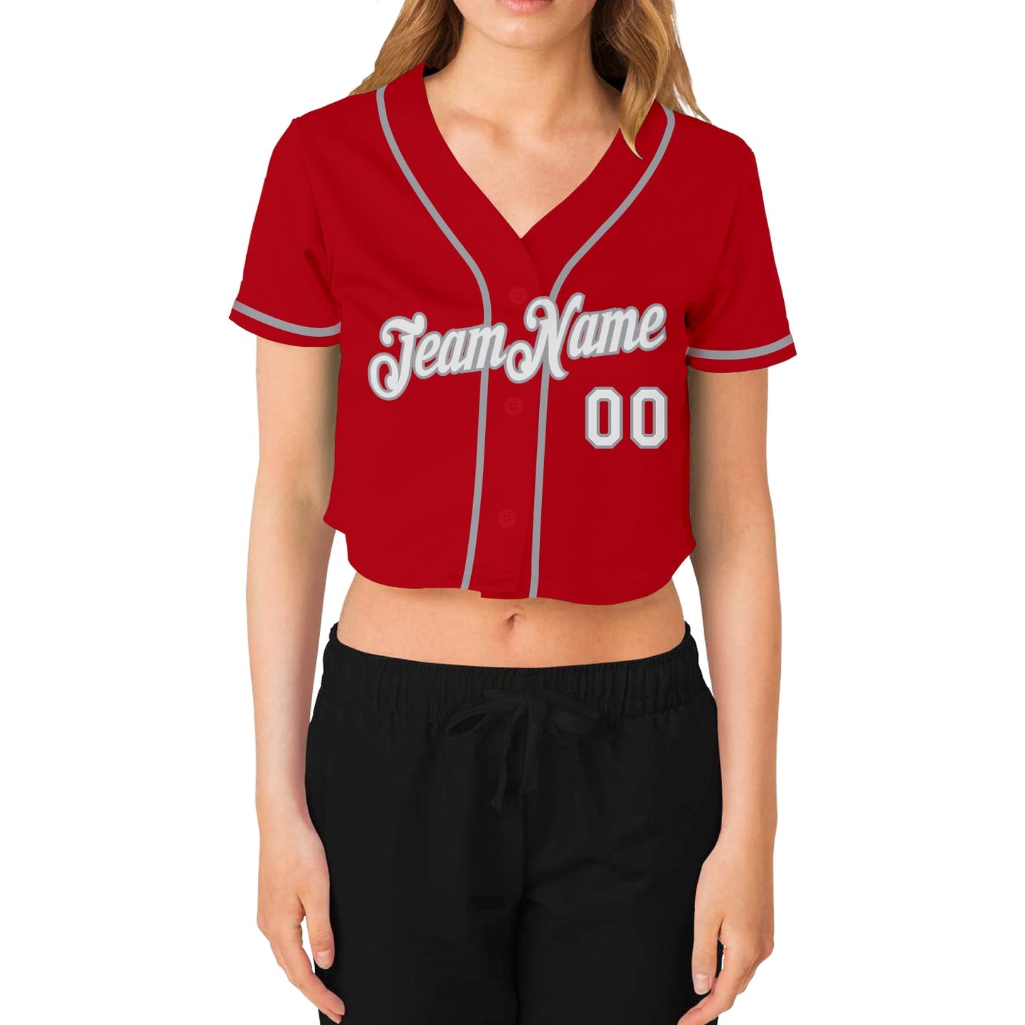 Custom Women's Red White-Gray V-Neck Cropped Baseball Jersey - Sky-Custom