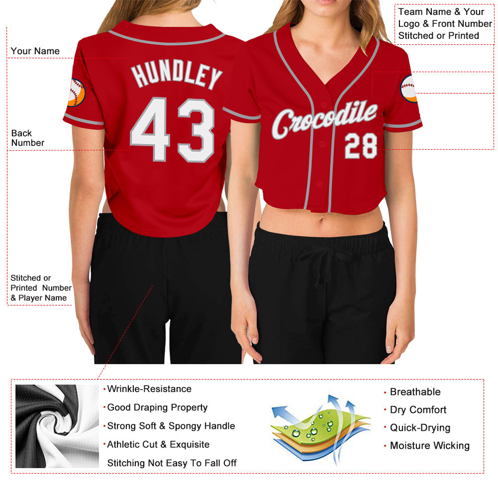 Custom Women's Red White-Gray V-Neck Cropped Baseball Jersey - Sky-Custom