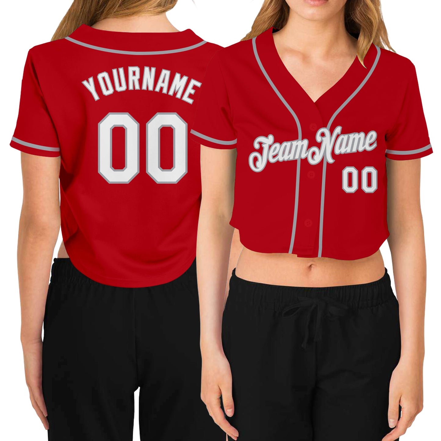 Custom Women's Red White-Gray V-Neck Cropped Baseball Jersey - Sky-Custom