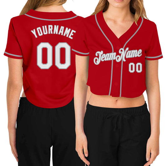 Custom Women's Red White-Gray V-Neck Cropped Baseball Jersey - Sky-Custom