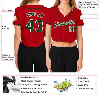 Custom Women's Red Green-White V-Neck Cropped Baseball Jersey - Sky-Custom