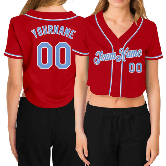 Custom Women's Red Light Blue-White V-Neck Cropped Baseball Jersey - Sky-Custom