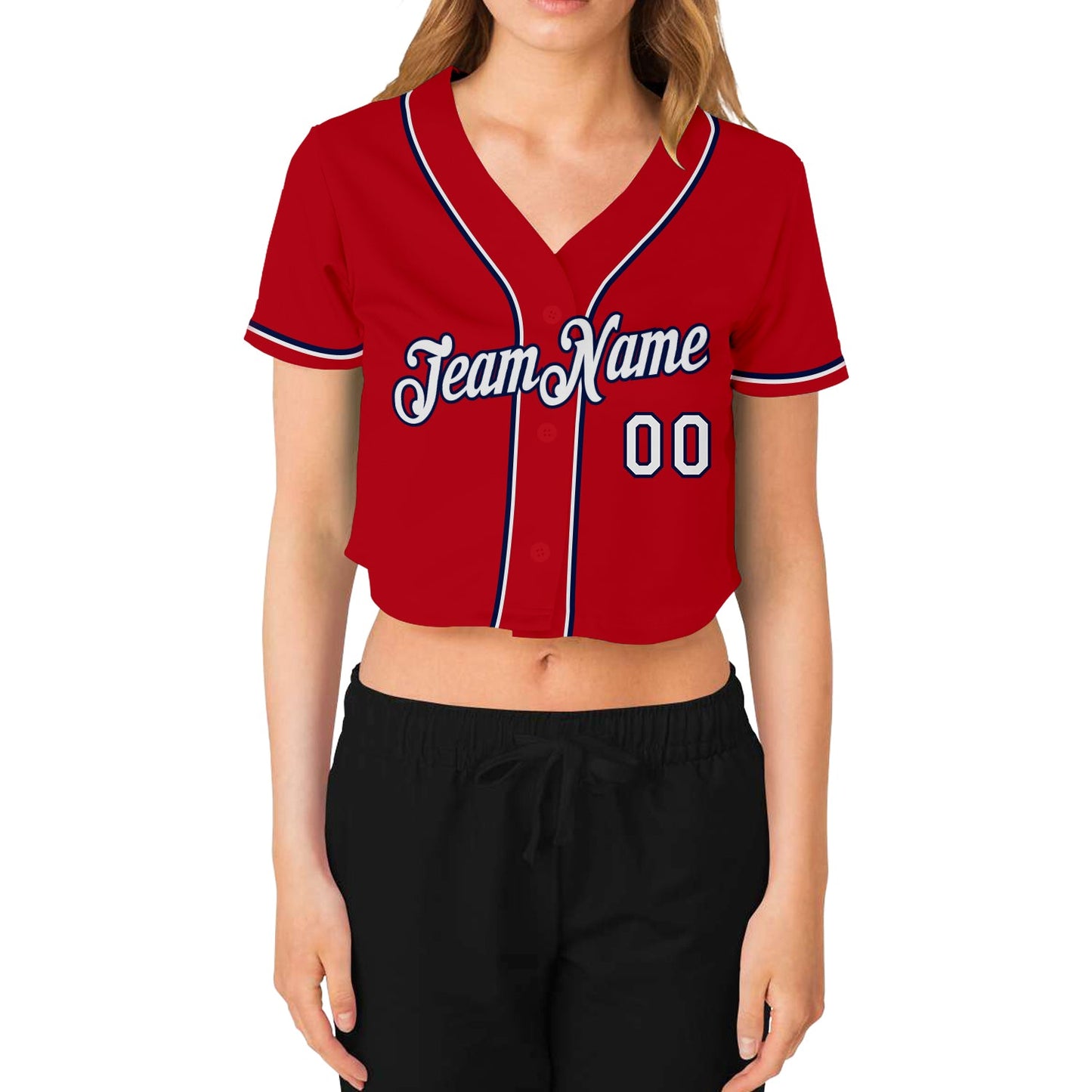 Custom Women's Red White-Navy V-Neck Cropped Baseball Jersey - Sky-Custom