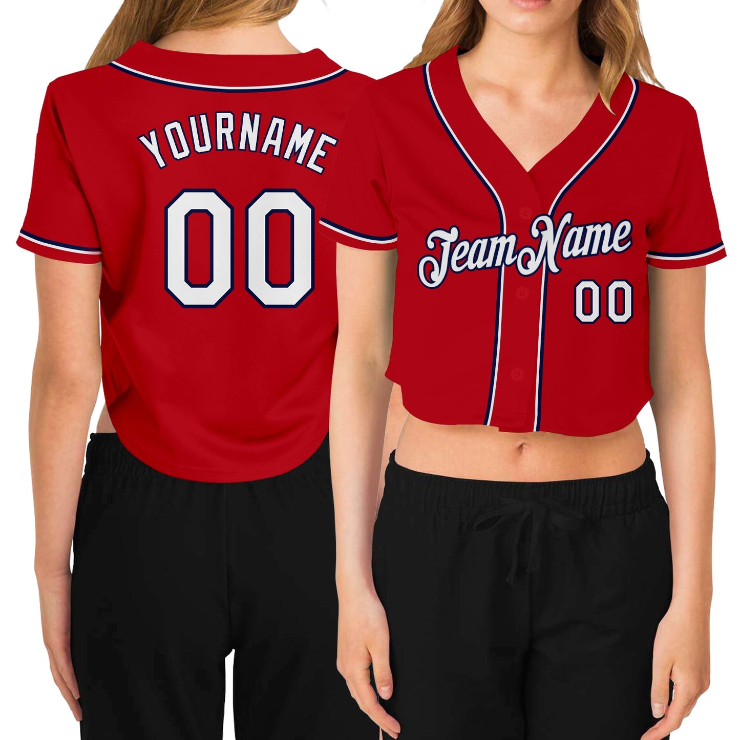 Custom Women's Red White-Navy V-Neck Cropped Baseball Jersey - Sky-Custom
