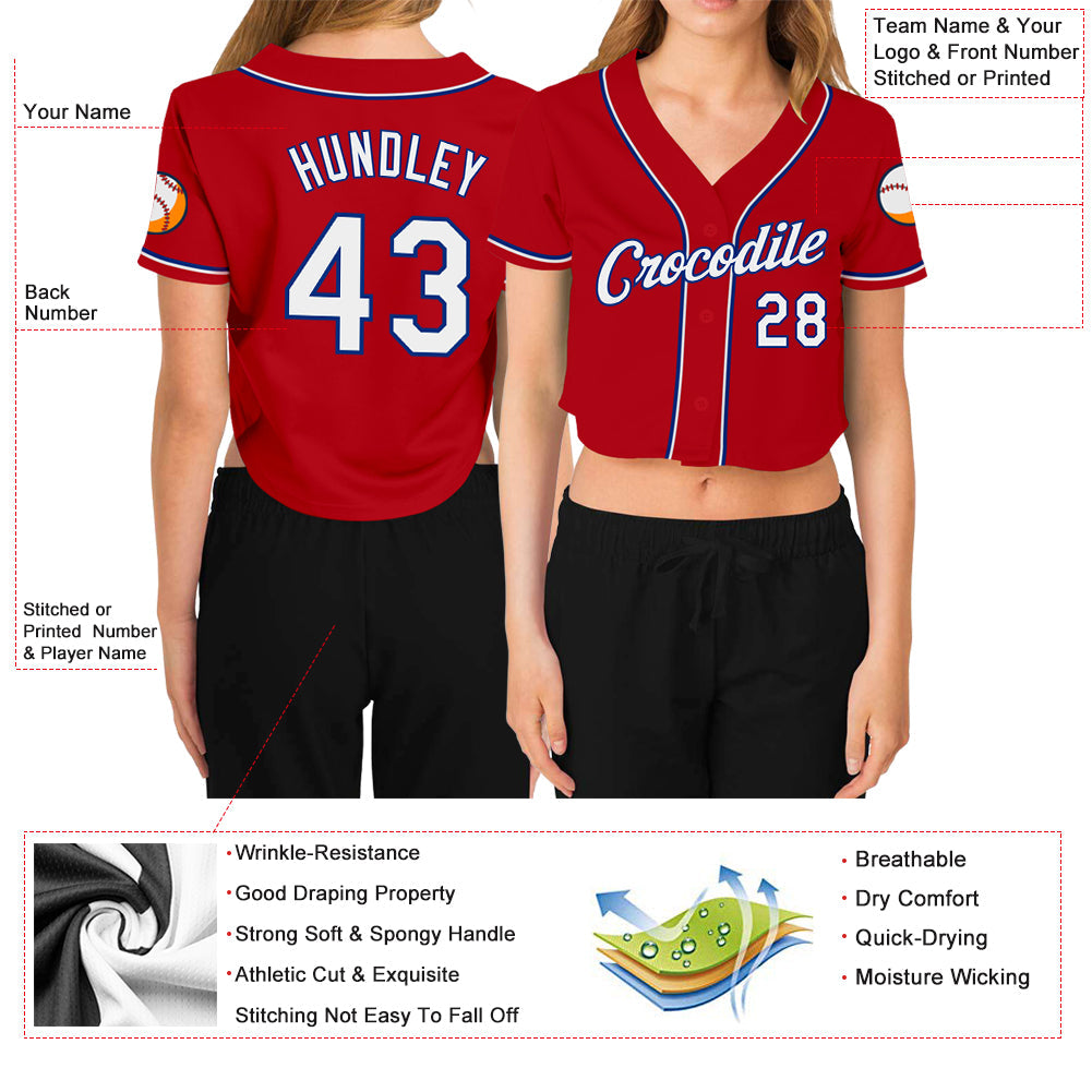 Custom Women's Red White-Royal V-Neck Cropped Baseball Jersey - Sky-Custom