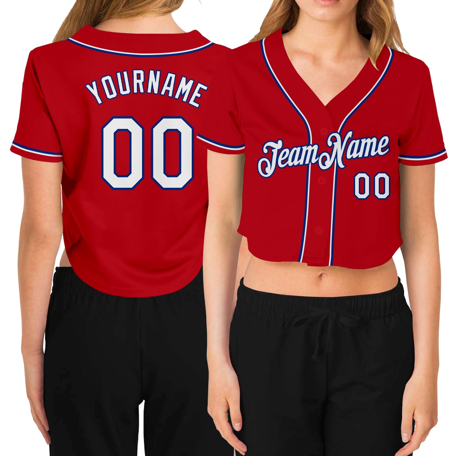 Custom Women's Red White-Royal V-Neck Cropped Baseball Jersey - Sky-Custom