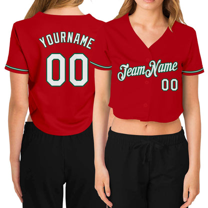 Custom Women's Red White-Kelly Green V-Neck Cropped Baseball Jersey - Sky-Custom