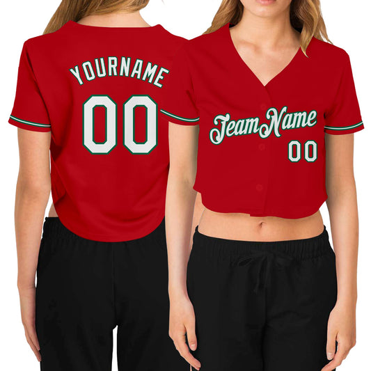 Custom Women's Red White-Kelly Green V-Neck Cropped Baseball Jersey - Sky-Custom