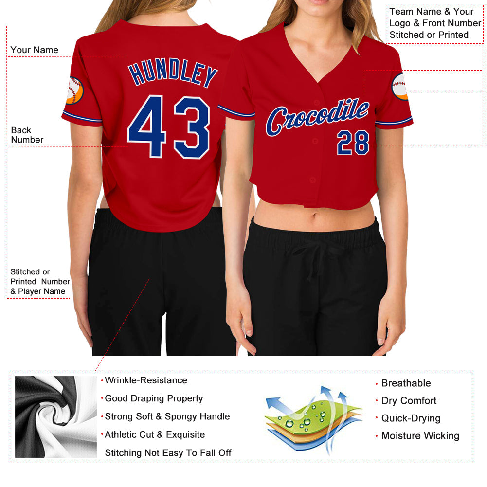 Custom Women's Red Royal-White V-Neck Cropped Baseball Jersey - Sky-Custom